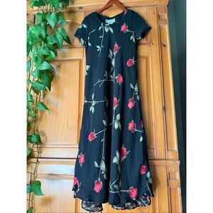 Vintage Jessica Howard Petite Black Dress with Red Rose Print SZ 8